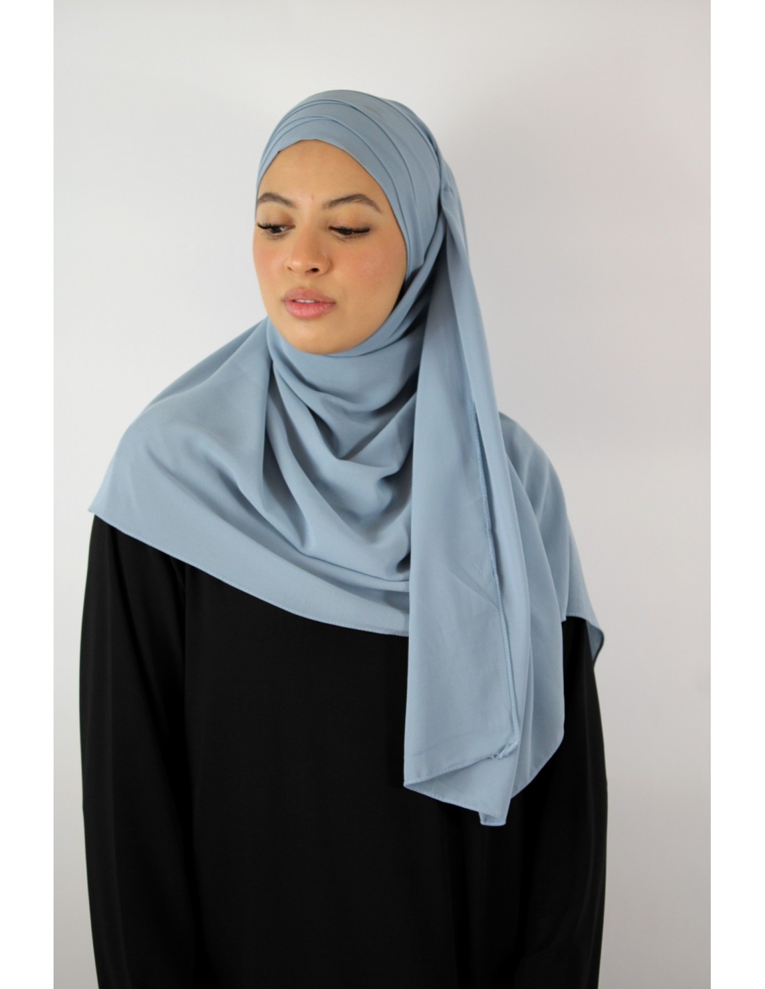  Hijab   enfiler  enti rement en mousseline  bleu ciel