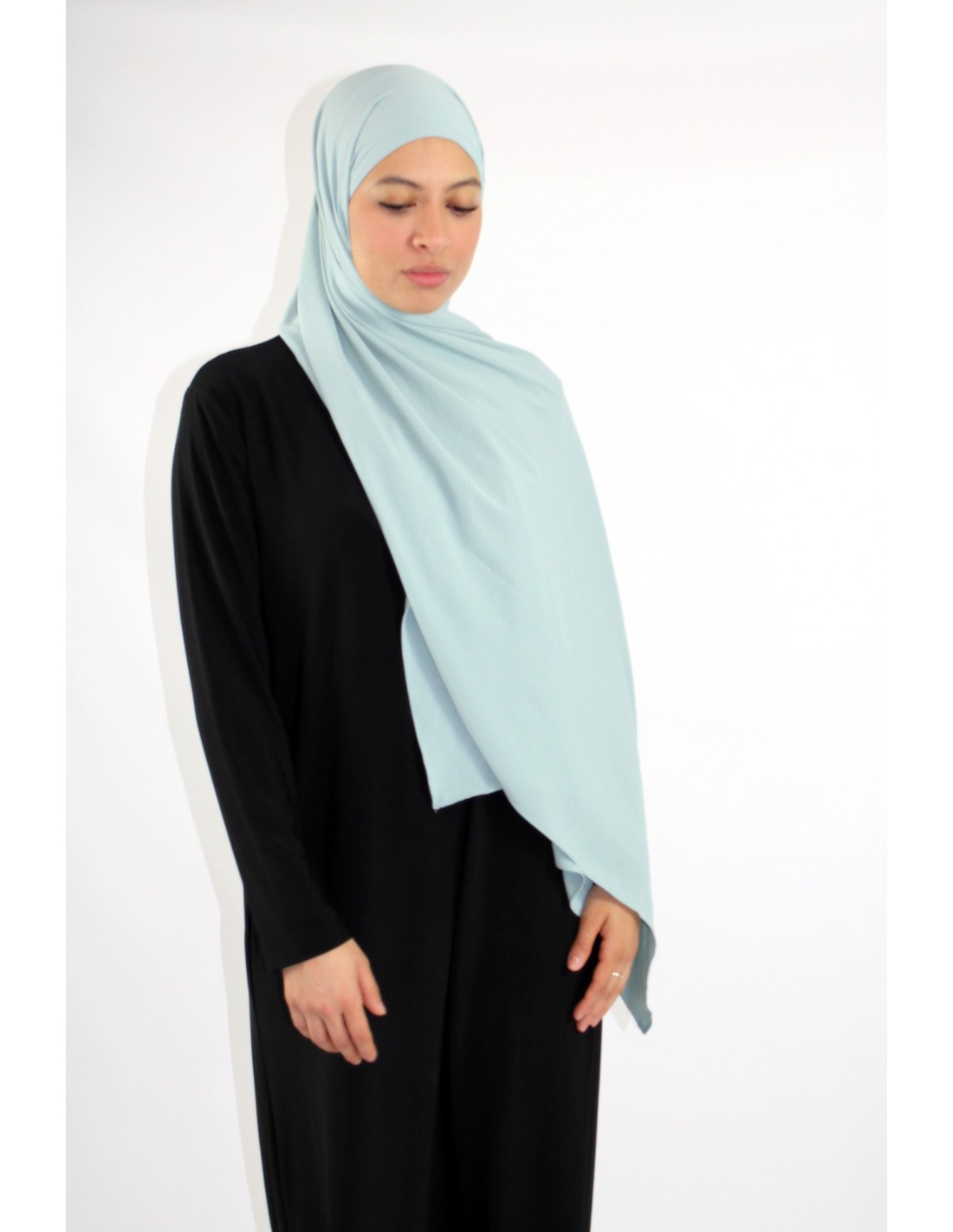 Hijab à enfiler en soie de médine gaufré-Vert d'eau